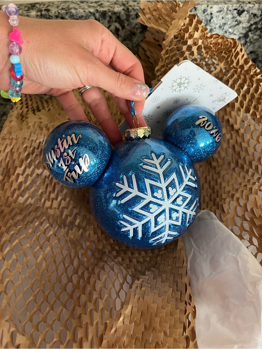 Blue Glitter Snowflake Mickey Ornament - 2026 Personalized Holiday Decoration
